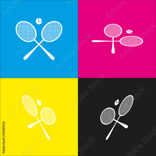 Tennis racket sign. Vector. White icon with isometric projections on cyan, magenta, yellow and black backgrounds.