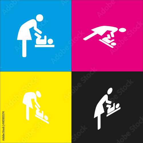 Symbol for women and baby, baby changing. Vector. White icon with isometric projections on cyan, magenta, yellow and black backgrounds.