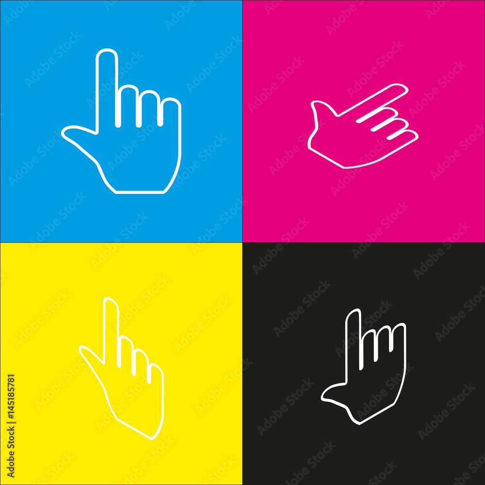 Fototapeta premium Hand sign illustration. Vector. White icon with isometric projections on cyan, magenta, yellow and black backgrounds.
