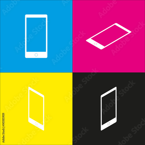 Abstract style modern gadget with blank screen. Template for any content. Vector. White icon with isometric projections on cyan, magenta, yellow and black backgrounds.