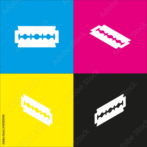 Razor blade sign. Vector. White icon with isometric projections on cyan, magenta, yellow and black backgrounds.