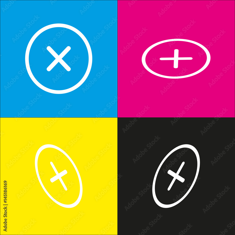 Cross sign illustration. Vector. White icon with isometric projections on cyan, magenta, yellow and black backgrounds. Cross sign illustration. Vector. White icon with isometric projections on cyan, magenta, yellow and black backgrounds.