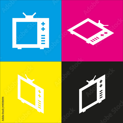 TV sign illustration. Vector. White icon with isometric projections on cyan, magenta, yellow and black backgrounds.