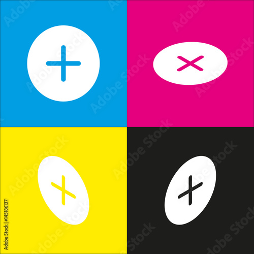 Positive symbol plus sign. Vector. White icon with isometric projections on cyan, magenta, yellow and black backgrounds.