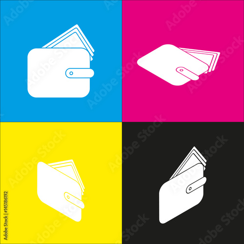 Wallet sign illustration. Vector. White icon with isometric projections on cyan, magenta, yellow and black backgrounds.