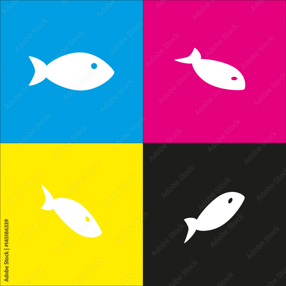 Fish sign illustration. Vector. White icon with isometric projections on cyan, magenta, yellow and black backgrounds. Fish sign illustration. Vector. White icon with isometric projections on cyan, magenta, yellow and black backgrounds.