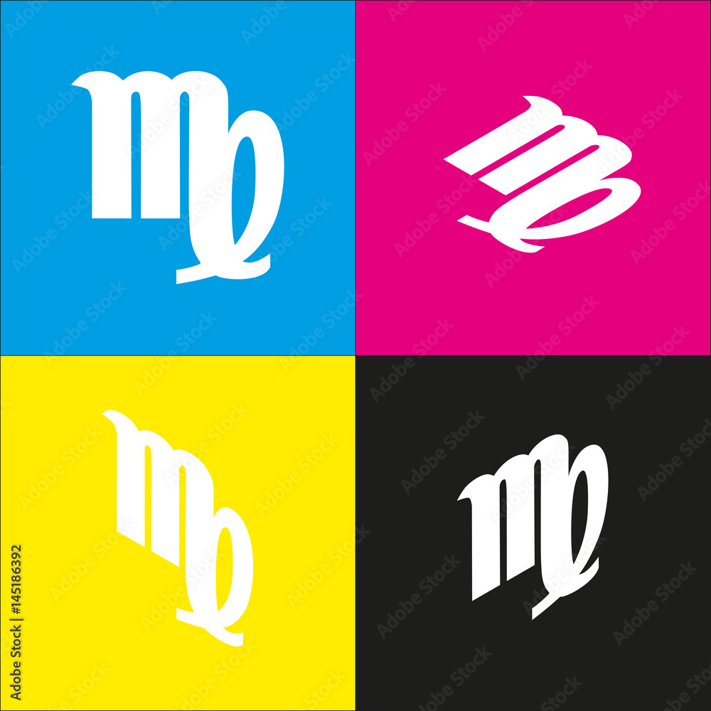 Virgo sign illustration. Vector. White icon with isometric projections on cyan, magenta, yellow and black backgrounds. Virgo sign illustration. Vector. White icon with isometric projections on cyan, magenta, yellow and black backgrounds.