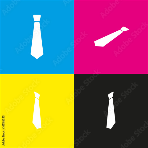 Tie sign illustration. Vector. White icon with isometric projections on cyan, magenta, yellow and black backgrounds.