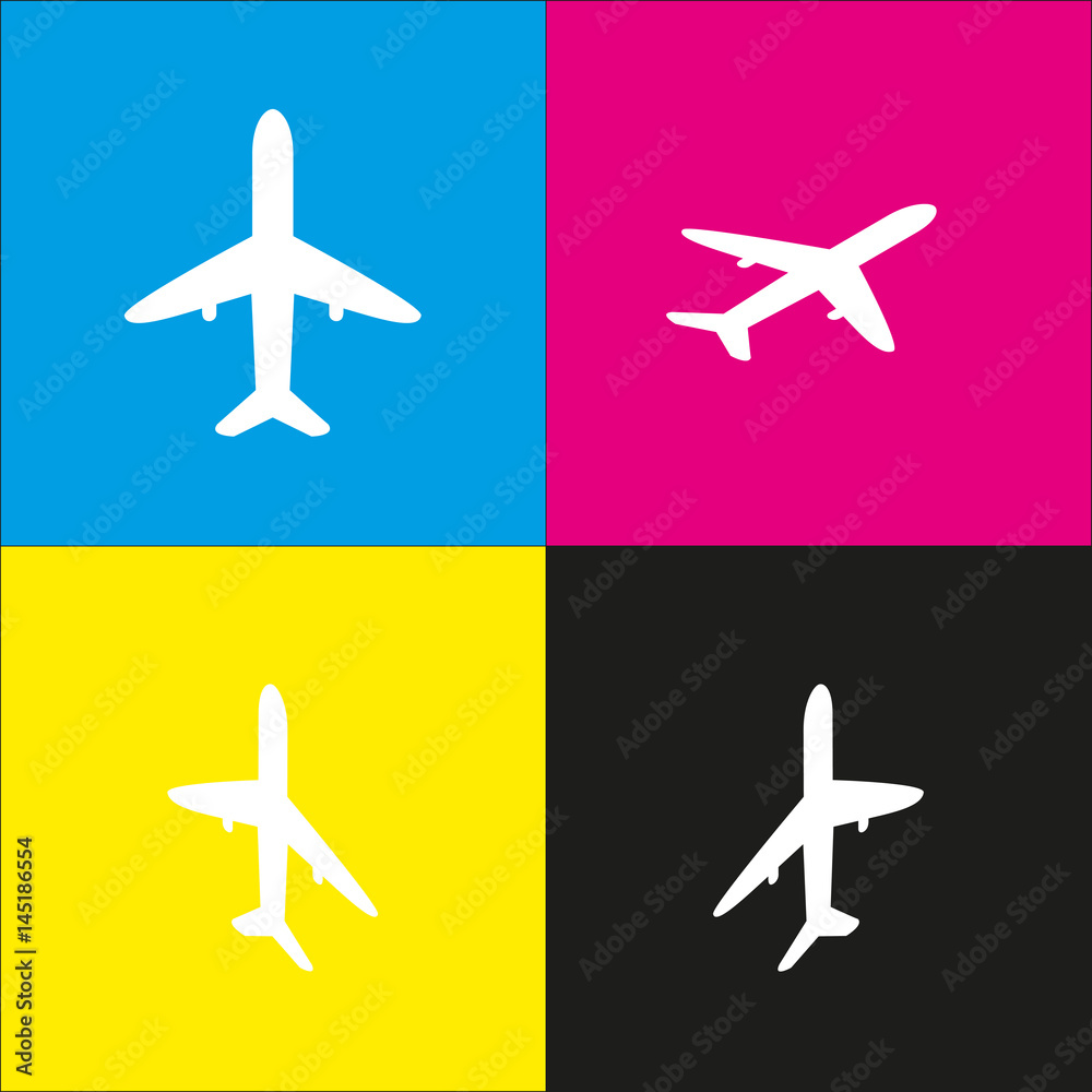 Airplane sign illustration. Vector. White icon with isometric projections on cyan, magenta, yellow and black backgrounds.