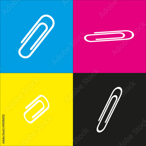 Clip sign illustration. Vector. White icon with isometric projections on cyan, magenta, yellow and black backgrounds.