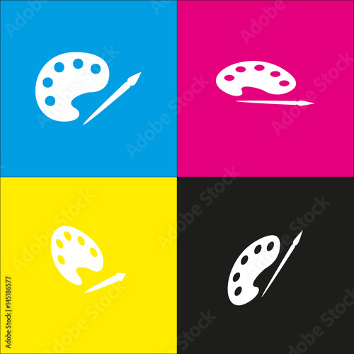 Palette and paint brush sign. Vector. White icon with isometric projections on cyan, magenta, yellow and black backgrounds.