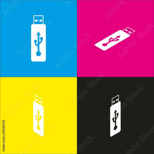 Vector USB flash drive sign. Vector. White icon with isometric projections on cyan, magenta, yellow and black backgrounds.