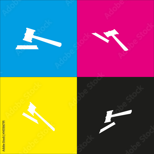 Justice hammer sign. Vector. White icon with isometric projections on cyan, magenta, yellow and black backgrounds.
