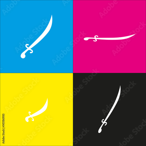 Sword sign illustration. Vector. White icon with isometric projections on cyan, magenta, yellow and black backgrounds.