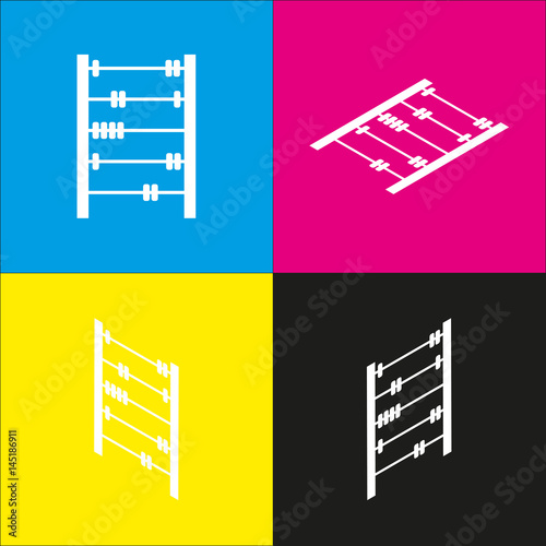 Retro abacus sign. Vector. White icon with isometric projections on cyan, magenta, yellow and black backgrounds.