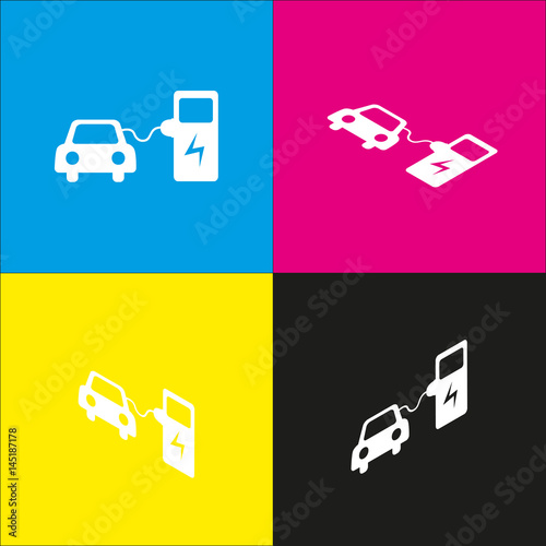 Electric car battery charging sign. Vector. White icon with isometric projections on cyan, magenta, yellow and black backgrounds.