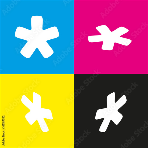 Asterisk star sign. Vector. White icon with isometric projections on cyan, magenta, yellow and black backgrounds.