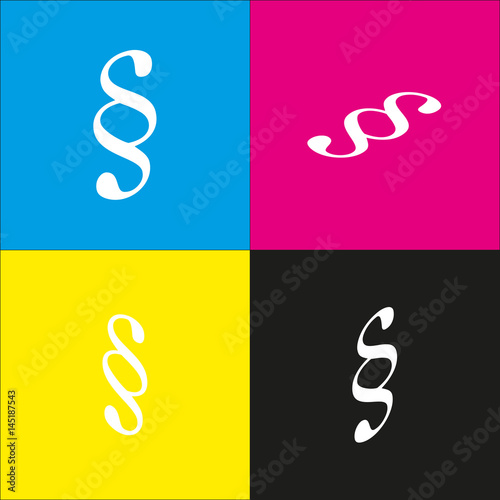 Paragraph sign illustration. Vector. White icon with isometric projections on cyan, magenta, yellow and black backgrounds.