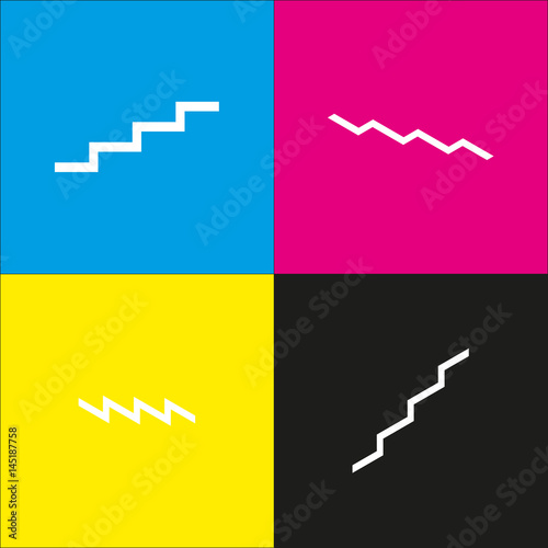 Stair up sign. Vector. White icon with isometric projections on cyan, magenta, yellow and black backgrounds.