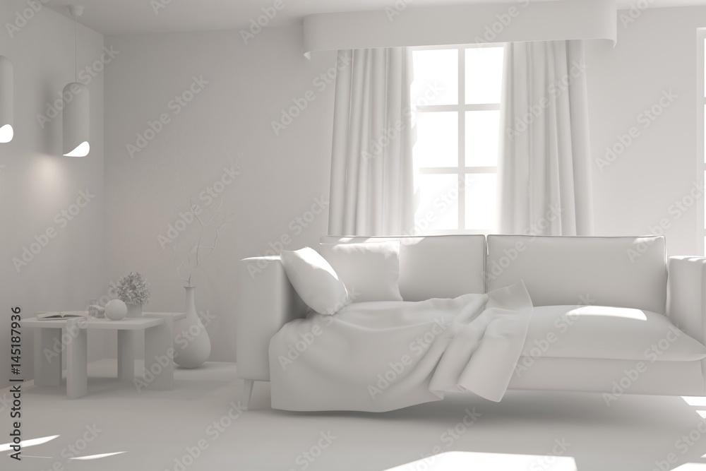 White room with sofa. Scandinavian interior design. 3D illustration White room with sofa. Scandinavian interior design. 3D illustration
