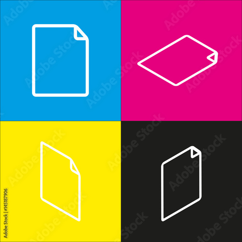 Vertical document sign illustration. Vector. White icon with isometric projections on cyan, magenta, yellow and black backgrounds.