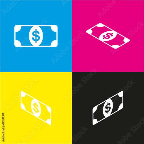 Bank Note dollar sign. Vector. White icon with isometric projections on cyan, magenta, yellow and black backgrounds.