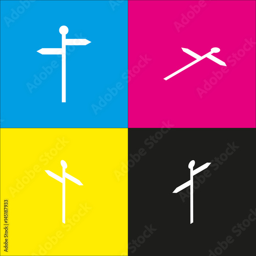 Direction road sign. Vector. White icon with isometric projections on cyan, magenta, yellow and black backgrounds.