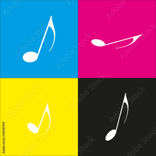 Music note sign. Vector. White icon with isometric projections on cyan, magenta, yellow and black backgrounds.
