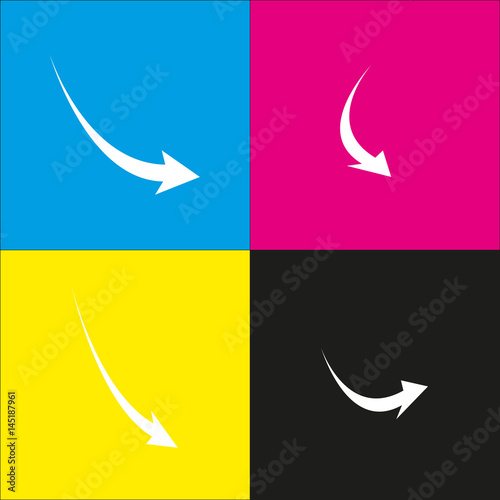 Declining arrow sign. Vector. White icon with isometric projections on cyan, magenta, yellow and black backgrounds.