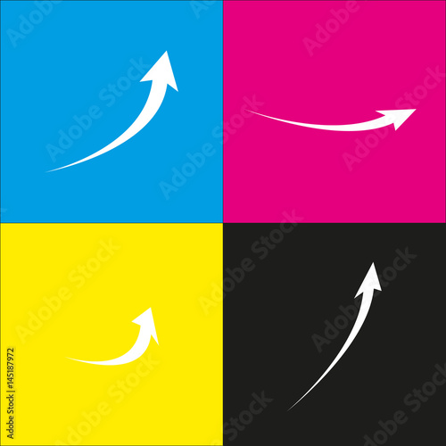 Growing arrow sign. Vector. White icon with isometric projections on cyan, magenta, yellow and black backgrounds.