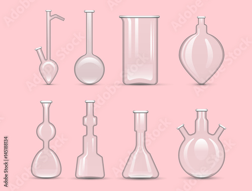 Chemical laboratory 3d lab flask glassware tube liquid biotechnology analysis and medical scientific equipment vector illustration.