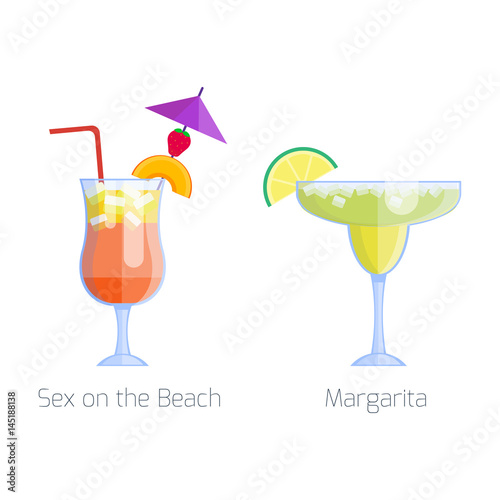 Set of alcoholic cocktails isolated fruit cold drinks tropical margarita freshness and party alcohol sweet tequila vector illustration.