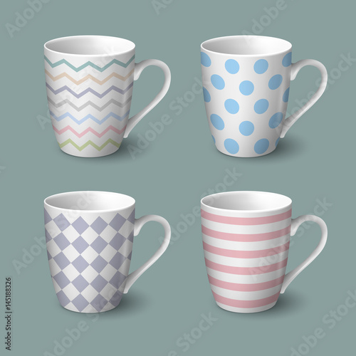 Set of coffee cups with retro geometric patterns