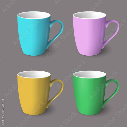 Set of color realistic coffee cups isolated on grey background
