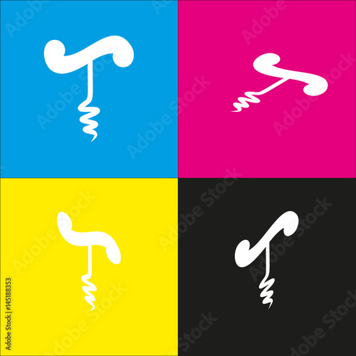 Simple corkscrew sign. Vector. White icon with isometric projections on cyan, magenta, yellow and black backgrounds.
