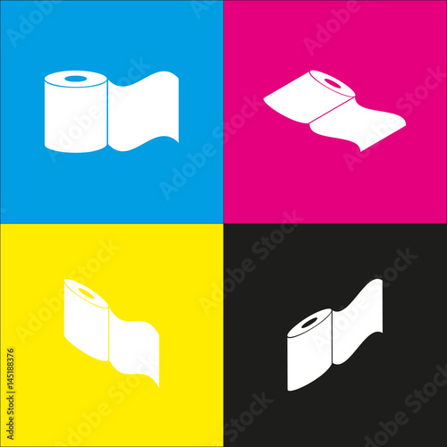 Toilet Paper sign. Vector. White icon with isometric projections on cyan, magenta, yellow and black backgrounds.