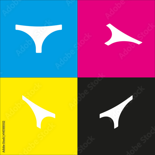Women's panties sign. Vector. White icon with isometric projections on cyan, magenta, yellow and black backgrounds.
