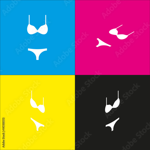 Women swimsuit sign. Vector. White icon with isometric projections on cyan, magenta, yellow and black backgrounds.