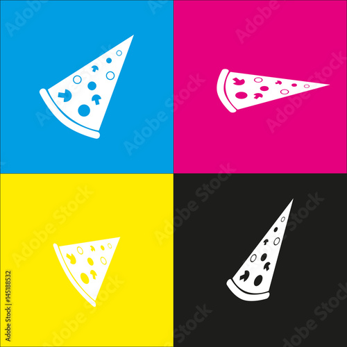 Pizza simple sign. Vector. White icon with isometric projections on cyan, magenta, yellow and black backgrounds.