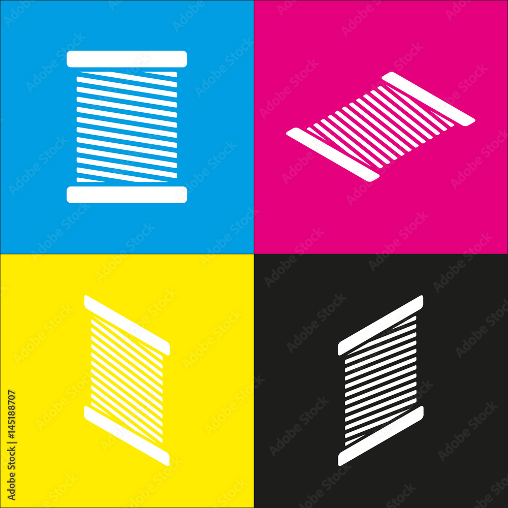 Thread sign illustration. Vector. White icon with isometric projections on cyan, magenta, yellow and black backgrounds. Thread sign illustration. Vector. White icon with isometric projections on cyan, magenta, yellow and black backgrounds.