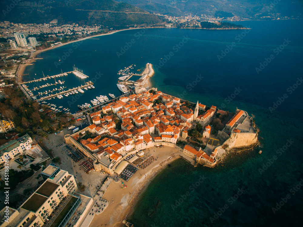 Aerial View of Old town Budva in Montenegro.