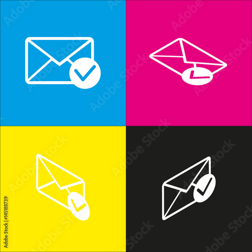 Mail sign illustration with allow mark. Vector. White icon with isometric projections on cyan, magenta, yellow and black backgrounds.
