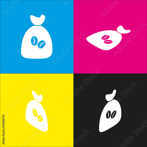 Coffee bag Icon. Coffee bag. Vector. Coffee bag Icon Button. Vector. White icon with isometric projections on cyan, magenta, yellow and black backgrounds.