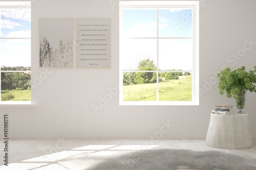 White empty room with green landscape in window. Scandinavian interior design. 3D illustration