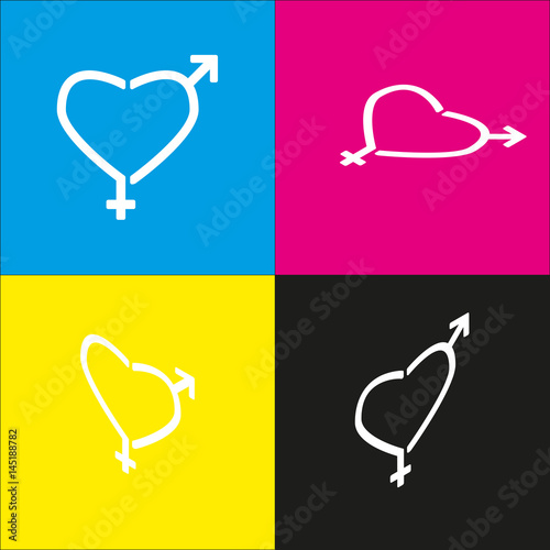 Gender signs in heart shape. Vector. White icon with isometric projections on cyan, magenta, yellow and black backgrounds.