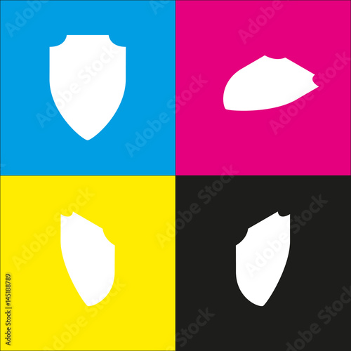 Shield sign illustration. Vector. White icon with isometric projections on cyan, magenta, yellow and black backgrounds.