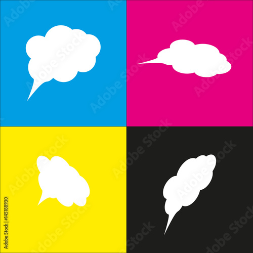 Speach bubble sign illustration. Vector. White icon with isometric projections on cyan, magenta, yellow and black backgrounds.