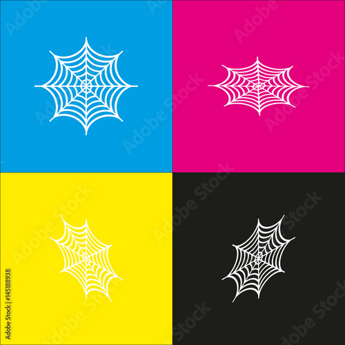 Spider on web illustration. Vector. White icon with isometric projections on cyan, magenta, yellow and black backgrounds.