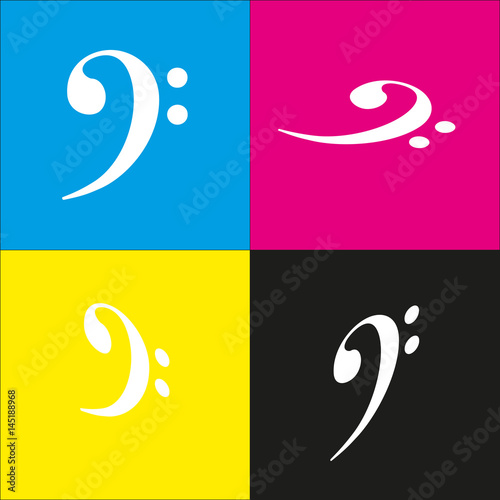 Cube sign illustration. Vector. White icon with isometric projections on cyan, magenta, yellow and black backgrounds.