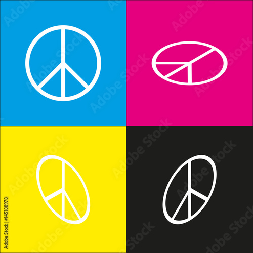 Peace sign illustration. Vector. White icon with isometric projections on cyan, magenta, yellow and black backgrounds.